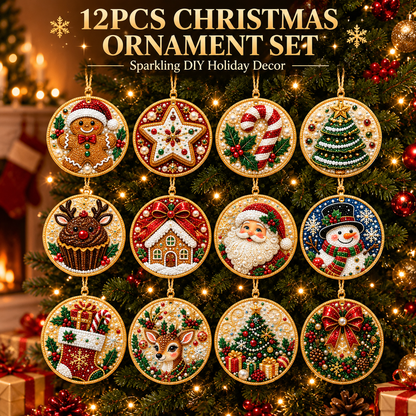 12Pcs Christmas Diamond Painting Ornaments , Wooden Hanging Pendant DIY Single-Side Rhinestone Craft Kit