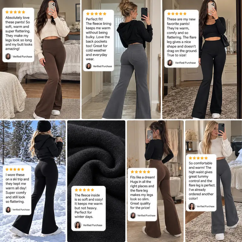 Women’s Fleece Lined Flare Leggings with Pockets, High Waisted Thermal Bell Bottom Yoga Pants