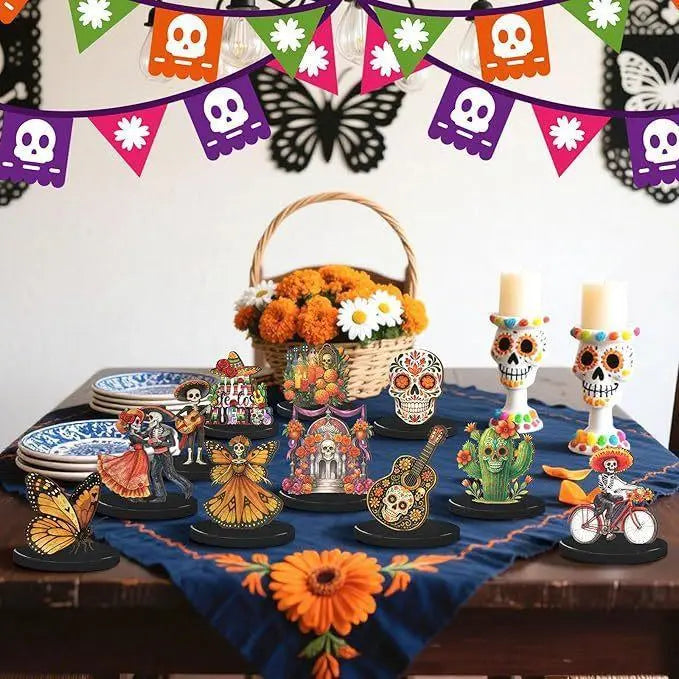 12pcs Traditional Colorful Day of the Dead Wooden Tabletop Decorations