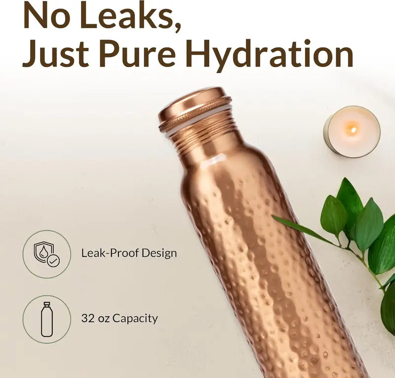 Copper Water Bottle 28.15 Ounces | 100% Pure Copper Hammered Design Handmade For Drinking Water