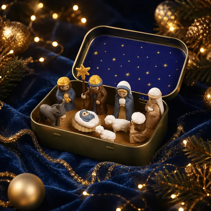 Religious Pocket-Size Mini Nativity Scene Set with Storage Box