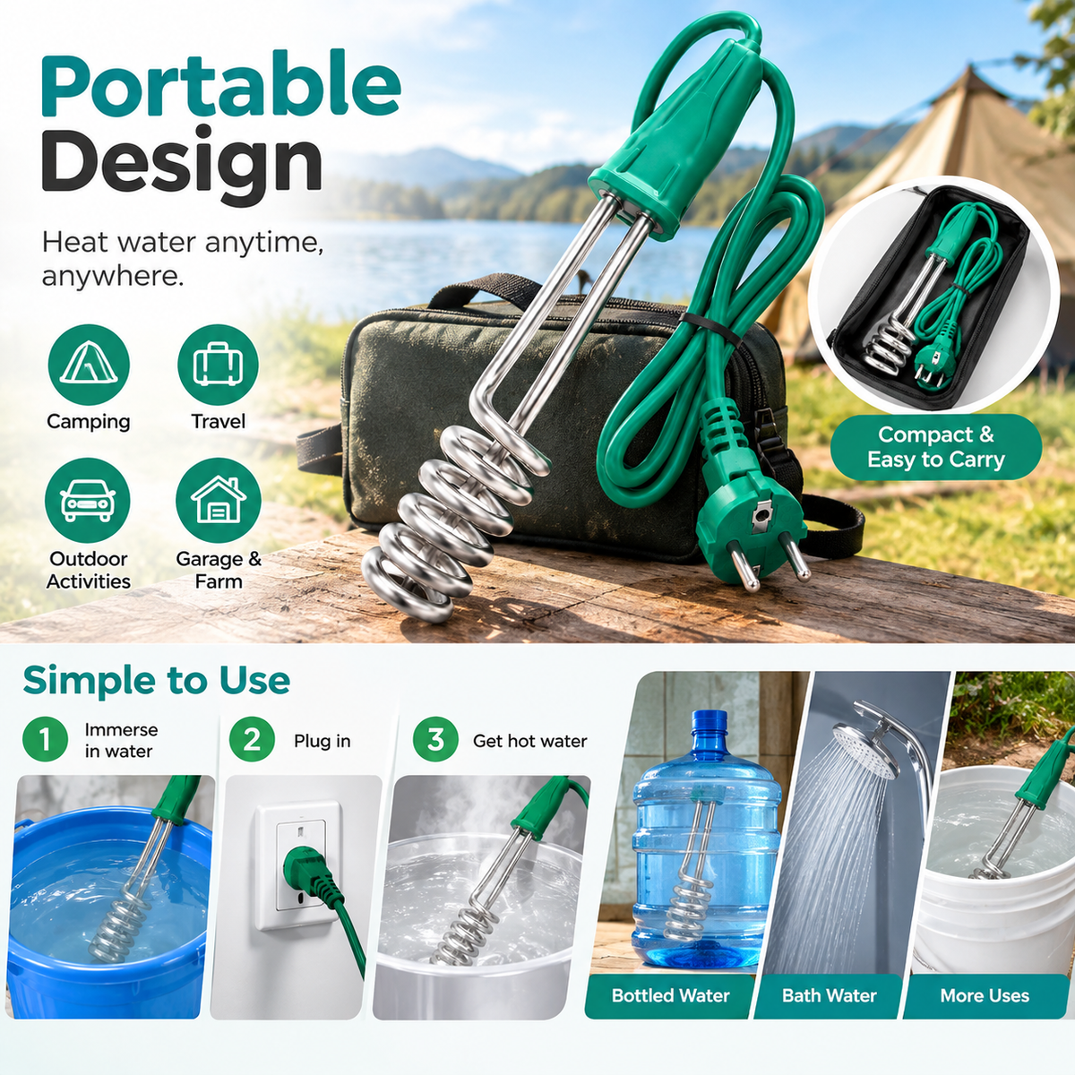 1500W-220V Immersion Water Heater for Camping, Water Bucket Heating