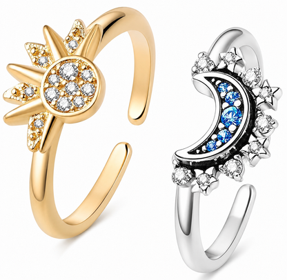 Celestial Sun and Moon Ring Set, Sparkling Sun Ring/Blue Moon Ring