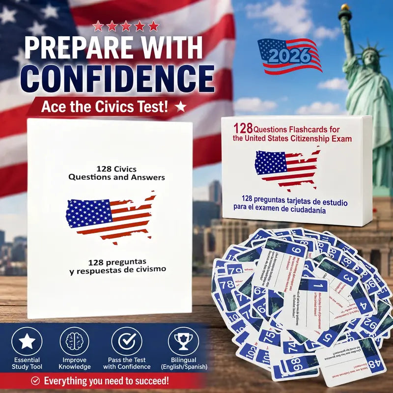 Portable US Citizenship Flash Cards 2026, with 128 Civics Questions and English Literacy Content for Naturalization Test