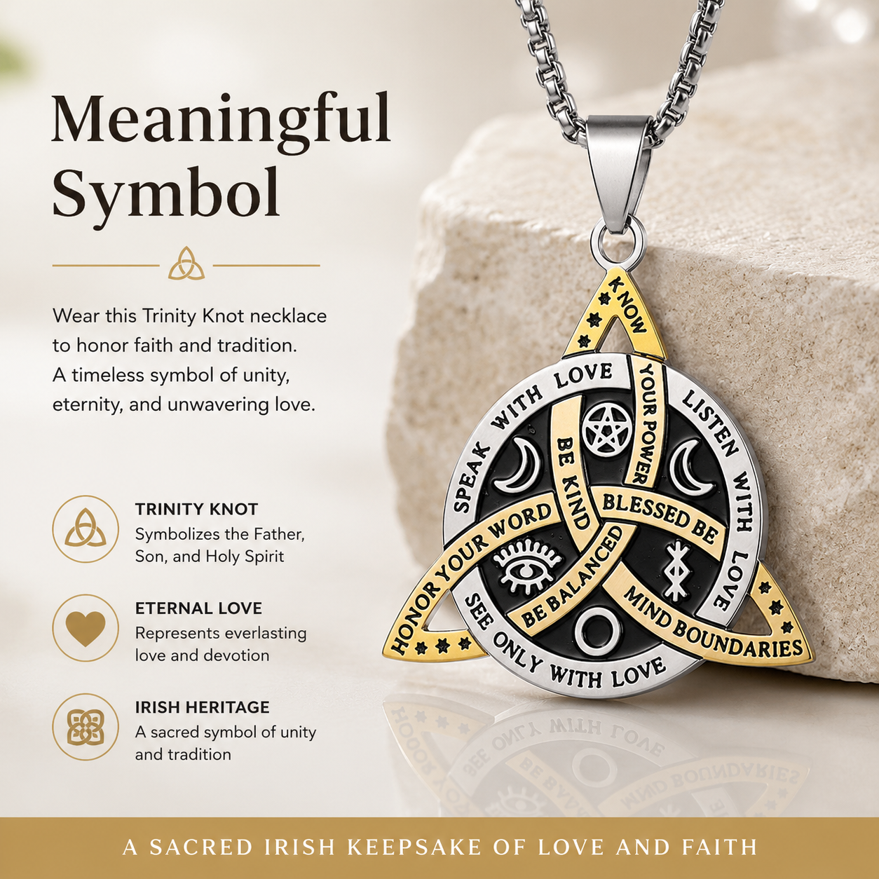Witch Knot Necklace, Celtic Trinity Knot Triple Goddess Triquetra Pendant with Engraved Inspirational Quotes