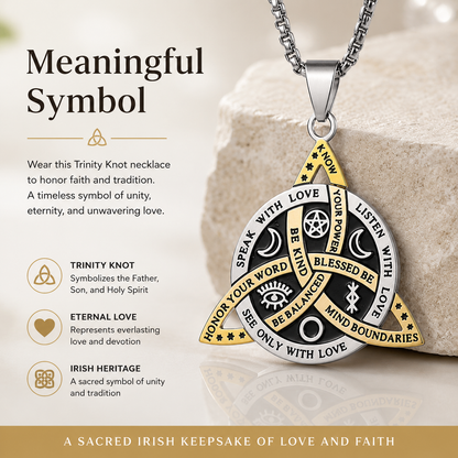 Witch Knot Necklace, Celtic Trinity Knot Triple Goddess Triquetra Pendant with Engraved Inspirational Quotes