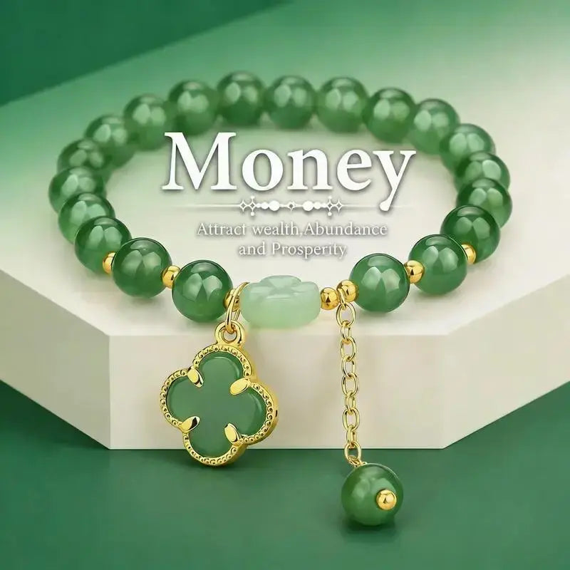 Lucky Four-Leaf Clover Green Aventurine Bracelet - Manifest Wealth & Prosperity Crystal Charm