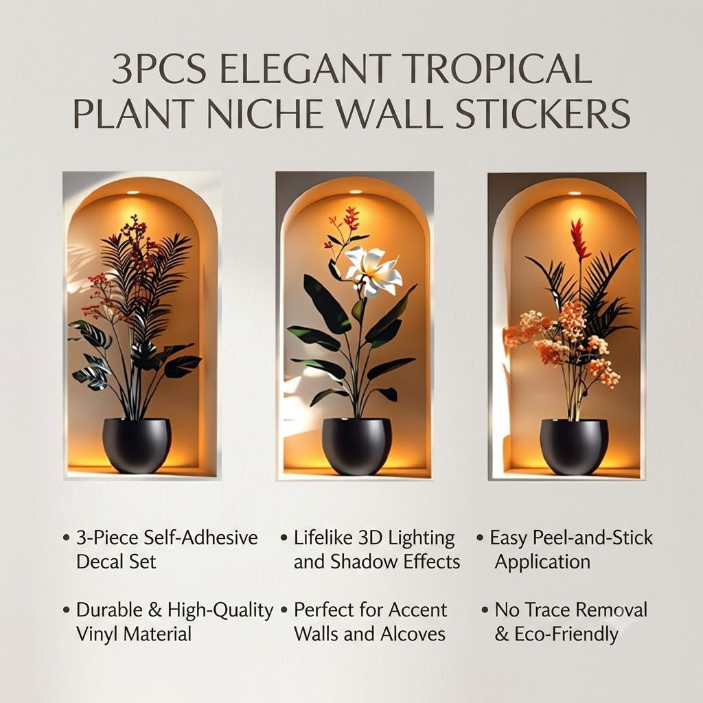 3Pcs Elegant Tropical Plant Niche Wall Stickers, Arch Display Window Theme Exotic Leaf Floral Fake Window Scene