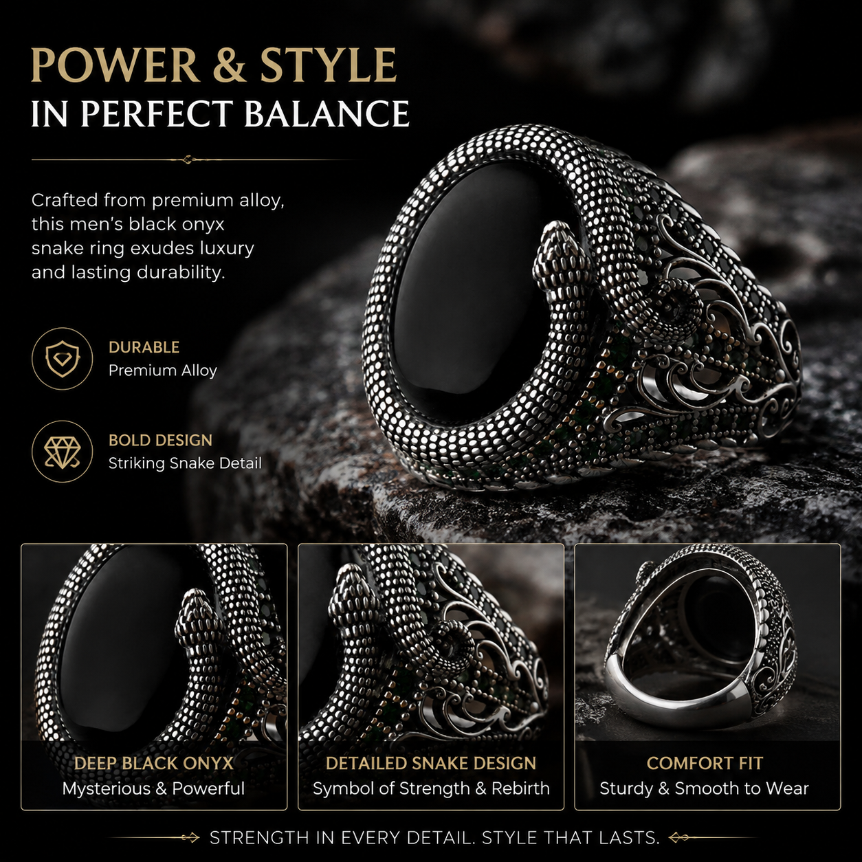 Oval Snake Mens Black Onyx Ring Adjustable