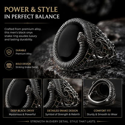 Oval Snake Mens Black Onyx Ring Adjustable