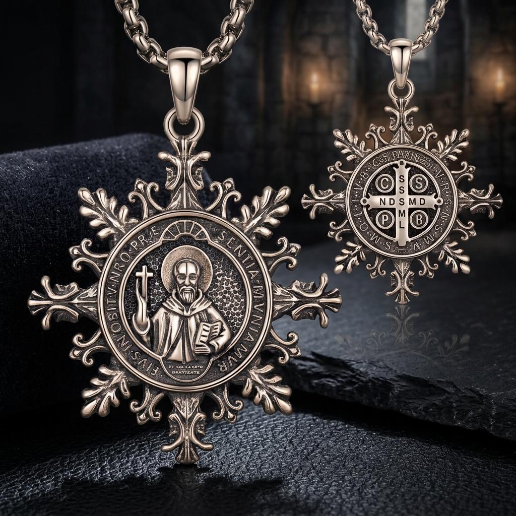 Unisex Silver-Plated Copper Coating St. Benedict Medal Necklace Vintage Snowflake Design