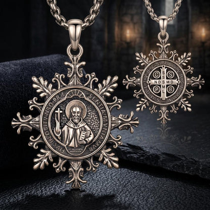 Unisex Silver-Plated Copper Coating St. Benedict Medal Necklace Vintage Snowflake Design