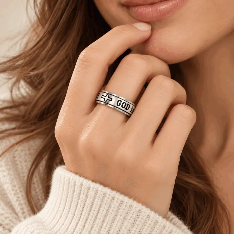 Women's Spinner Christian Ring Engraved Psalm 46:5 Verse and Holy Cross