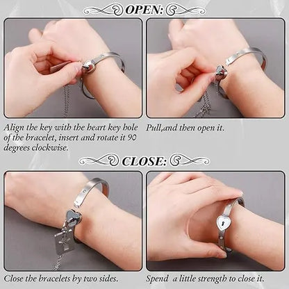 Locking Bracelet With Key For Couple, Love Heart Lock Bangles Key Pendant, Lock Bracelets And Key Necklace Set