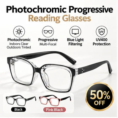 Unisex Progressive Reading Glasses, Photochromic Color Changing Lenses