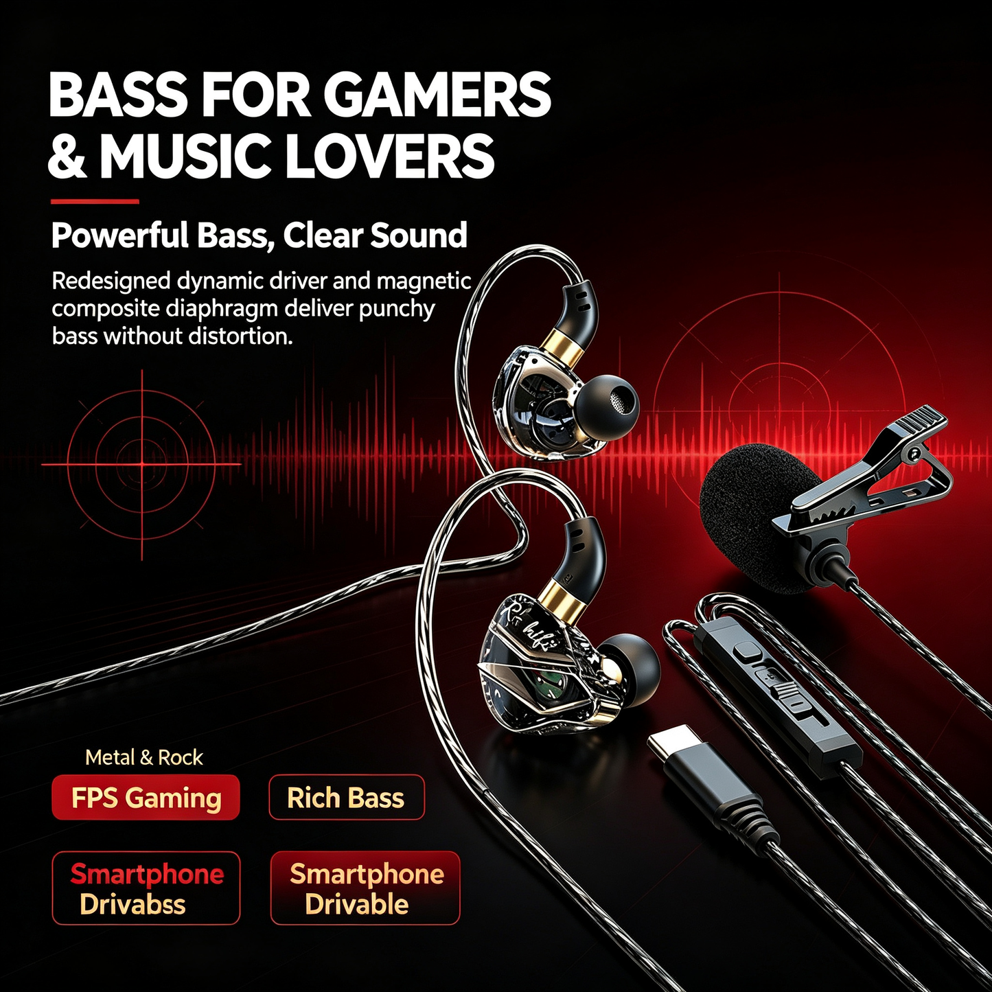 Professional Pro Gaming Earbuds, HiFi Earbuds with External Lavalier Mic