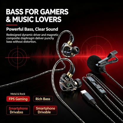 Professional Pro Gaming Earbuds, HiFi Earbuds with External Lavalier Mic