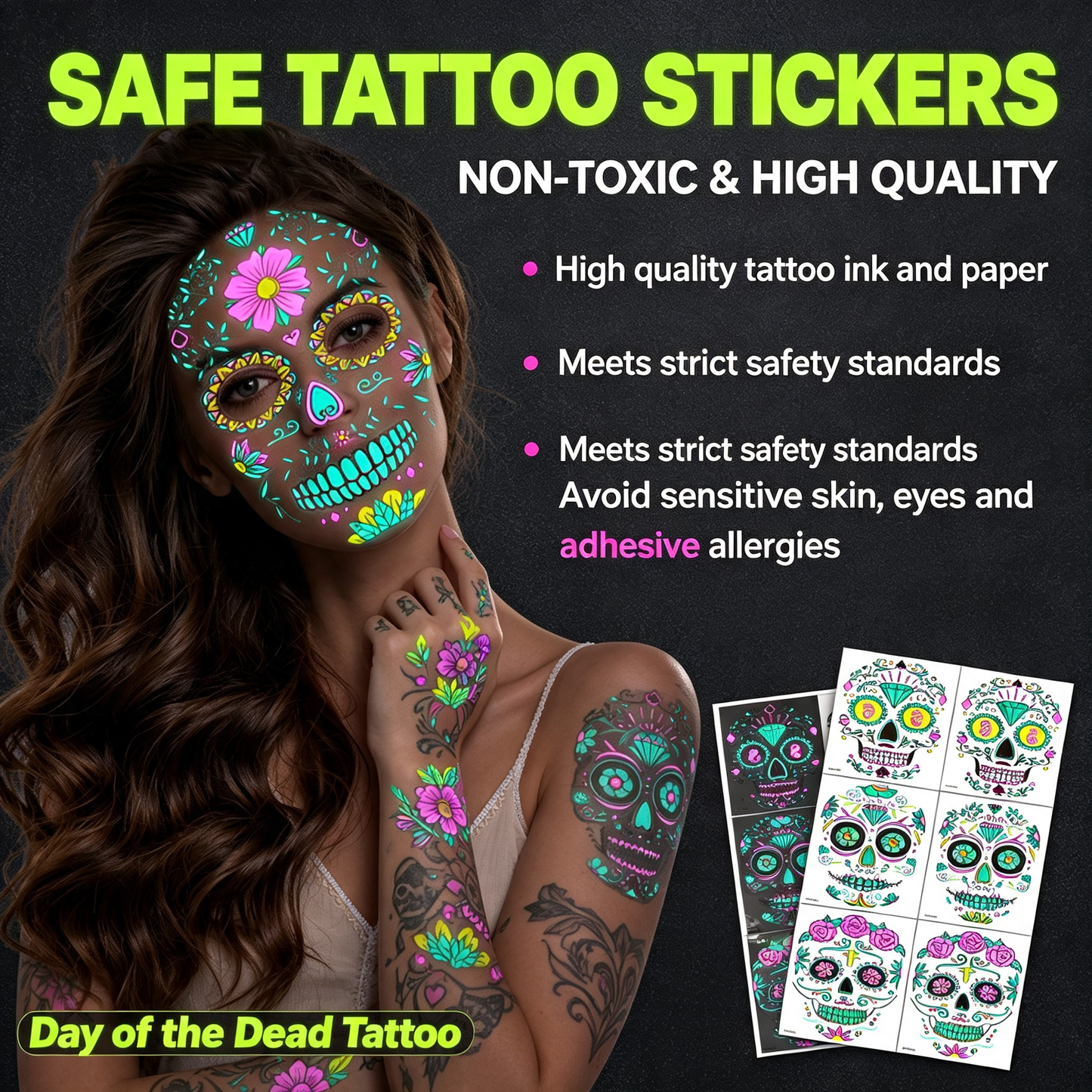 4pcs/set Halloween Glow Tattoos - UV Reactive Sugar Skull Face Decals
