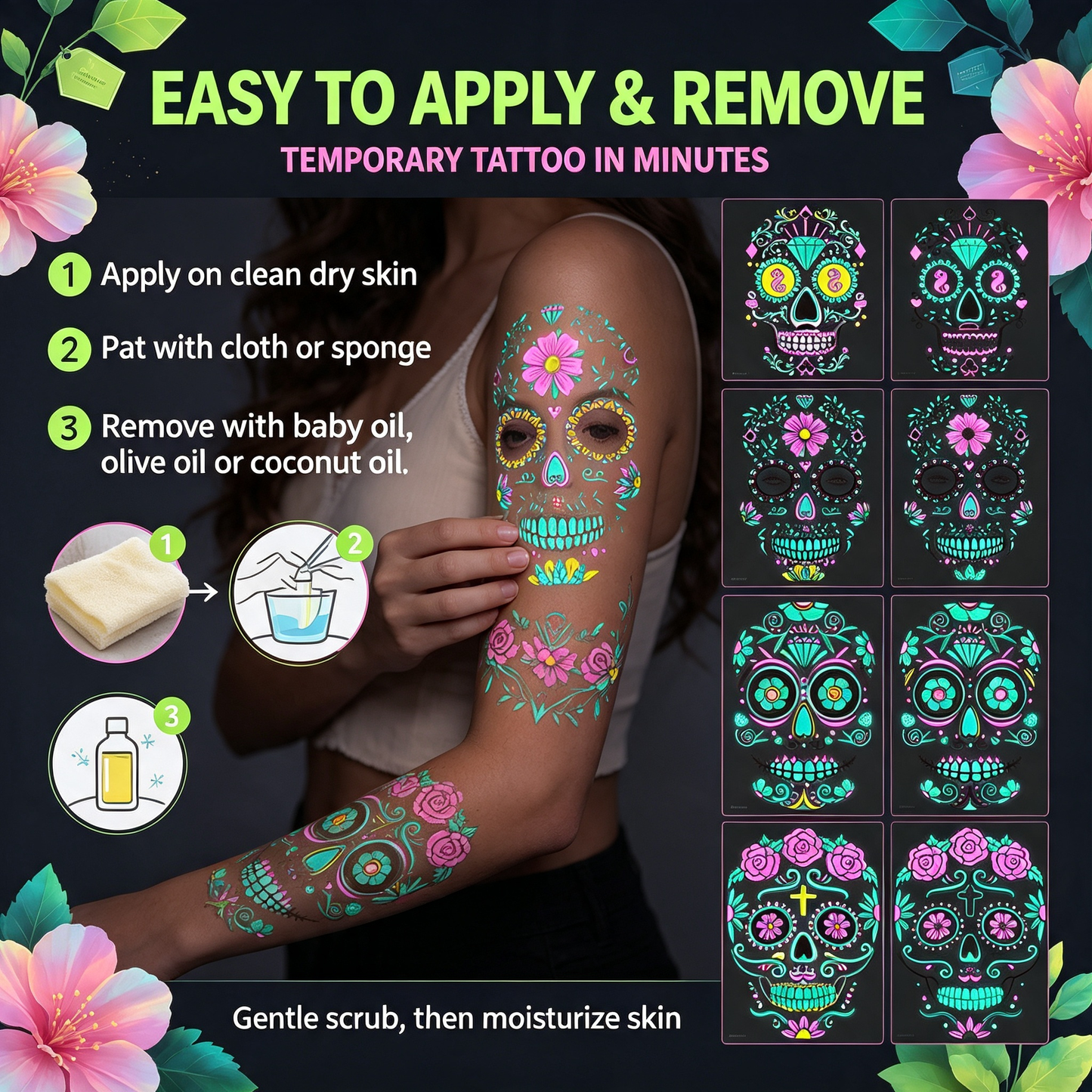 4pcs/set Halloween Glow Tattoos - UV Reactive Sugar Skull Face Decals