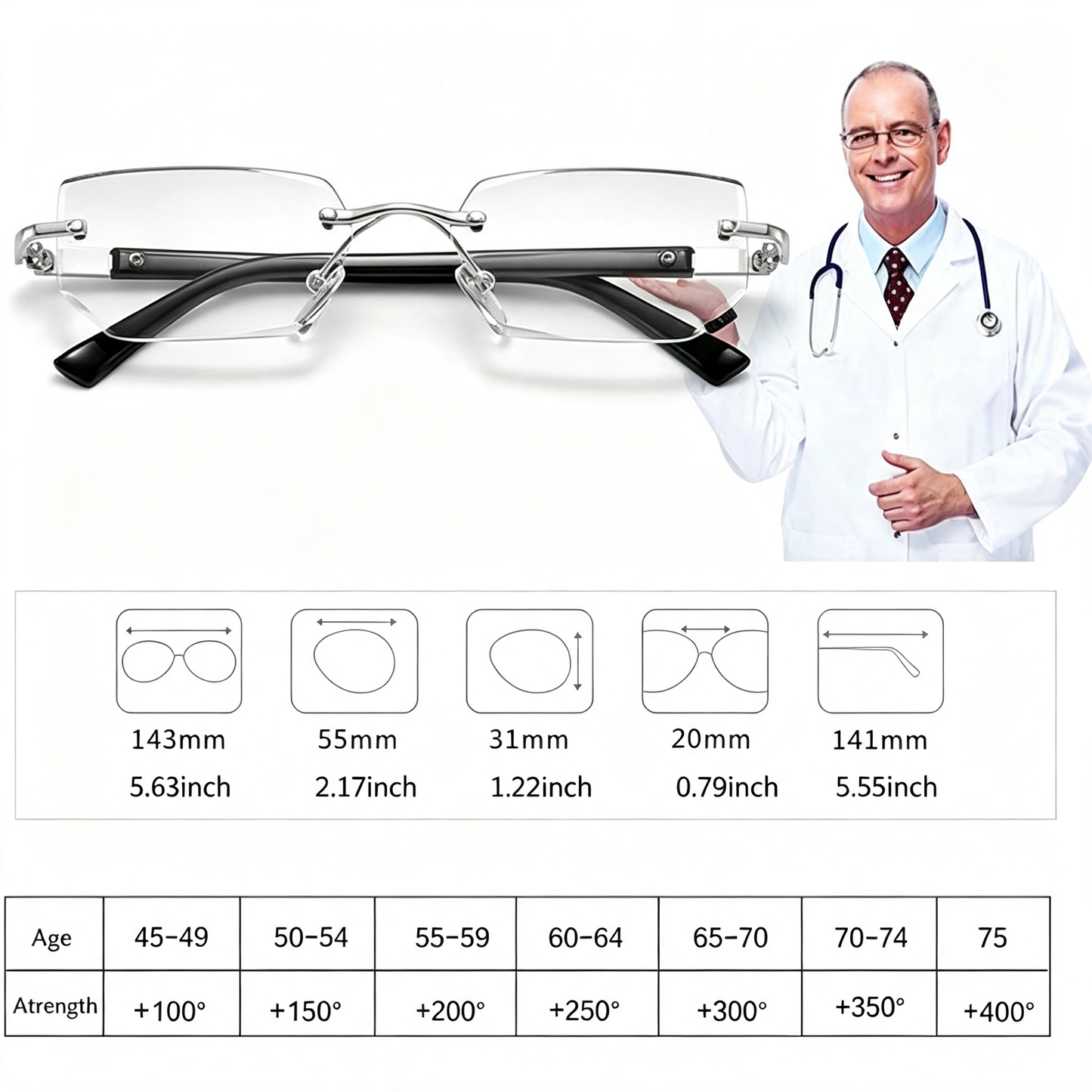 Rimless Photochromic Sunglasses for Men Women Rectangle Reading Glassess