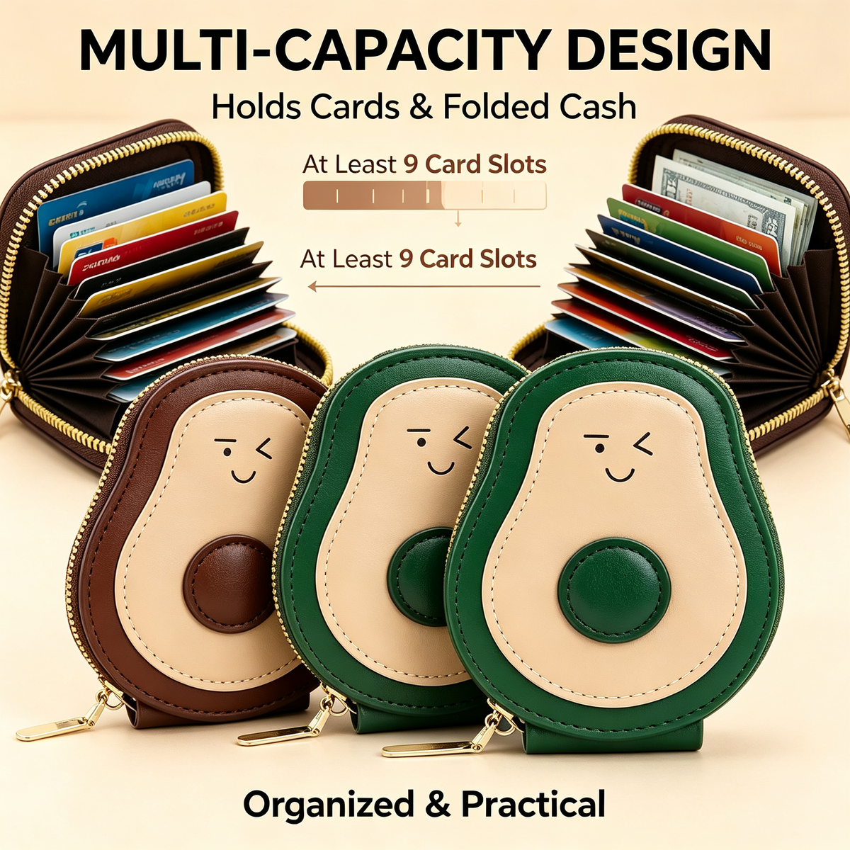 2Pcs Cute Avocado Leather Wallet Card Holder, RFID Blocking Purse
