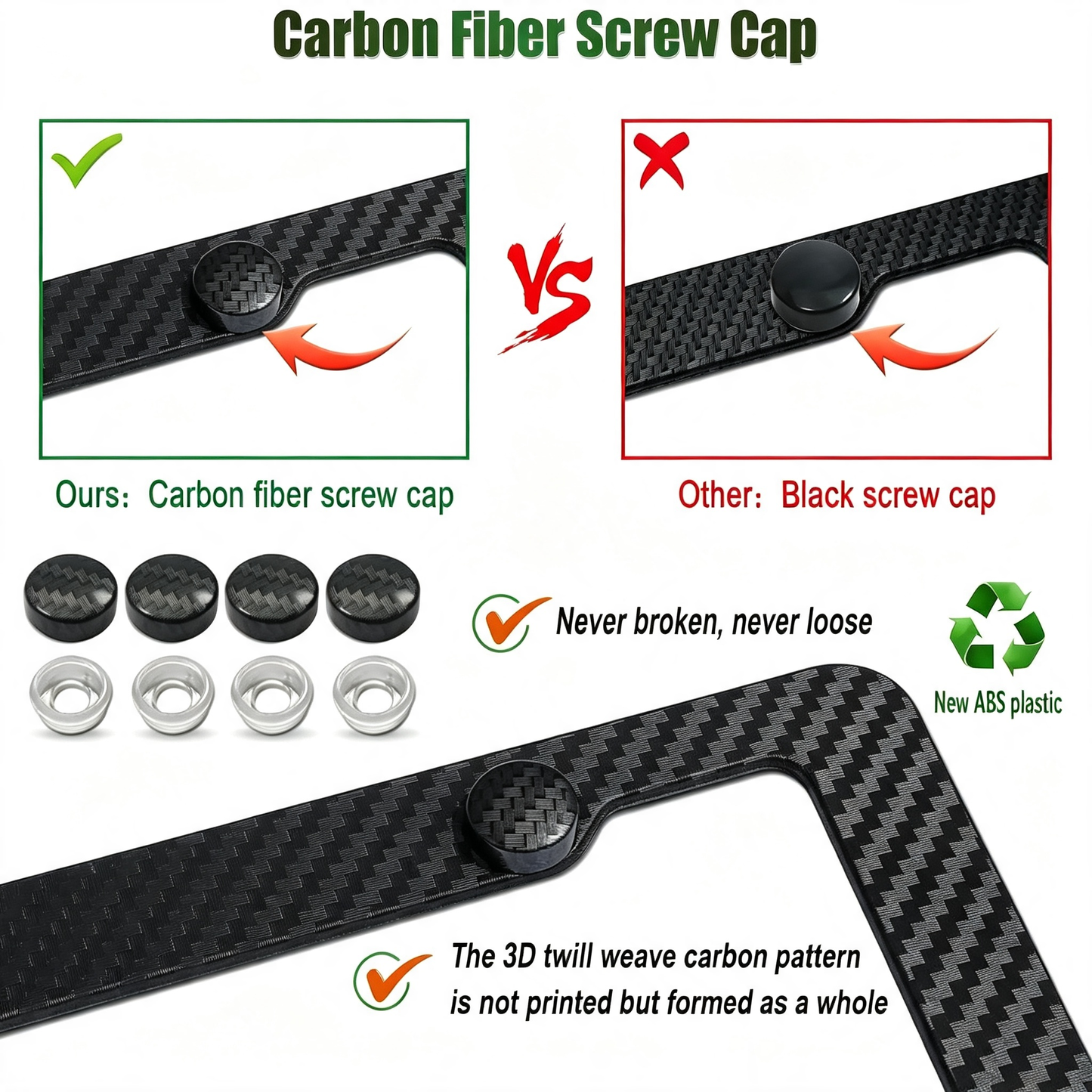 2 Pack Carbon Fiber License Plate Frames with Fasteners and Screws