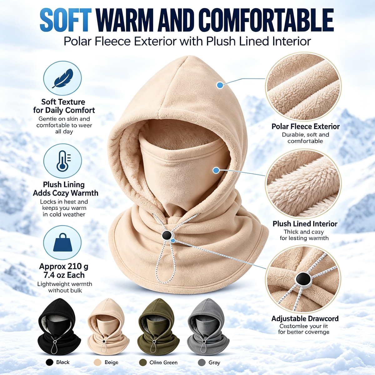 Fleece Balaclava Hood, One‑Piece Winter Full Head Face Neck Cover