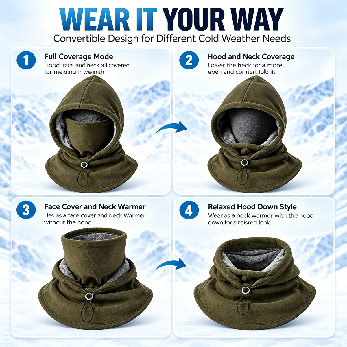 Fleece Balaclava Hood, One‑Piece Winter Full Head Face Neck Cover