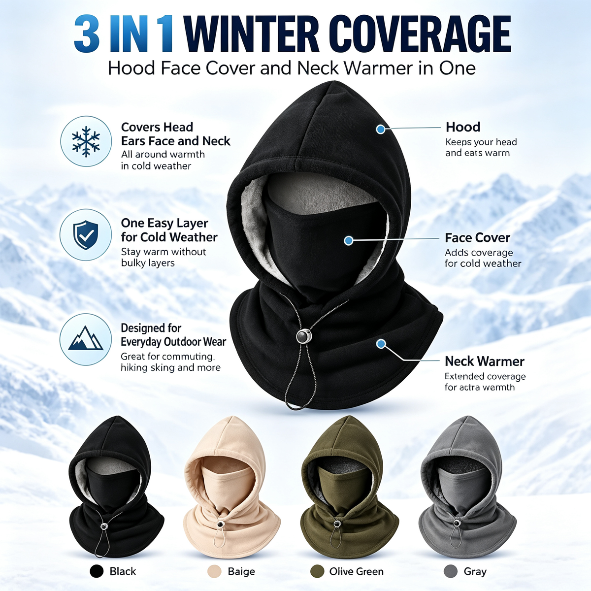 Fleece Balaclava Hood, One‑Piece Winter Full Head Face Neck Cover