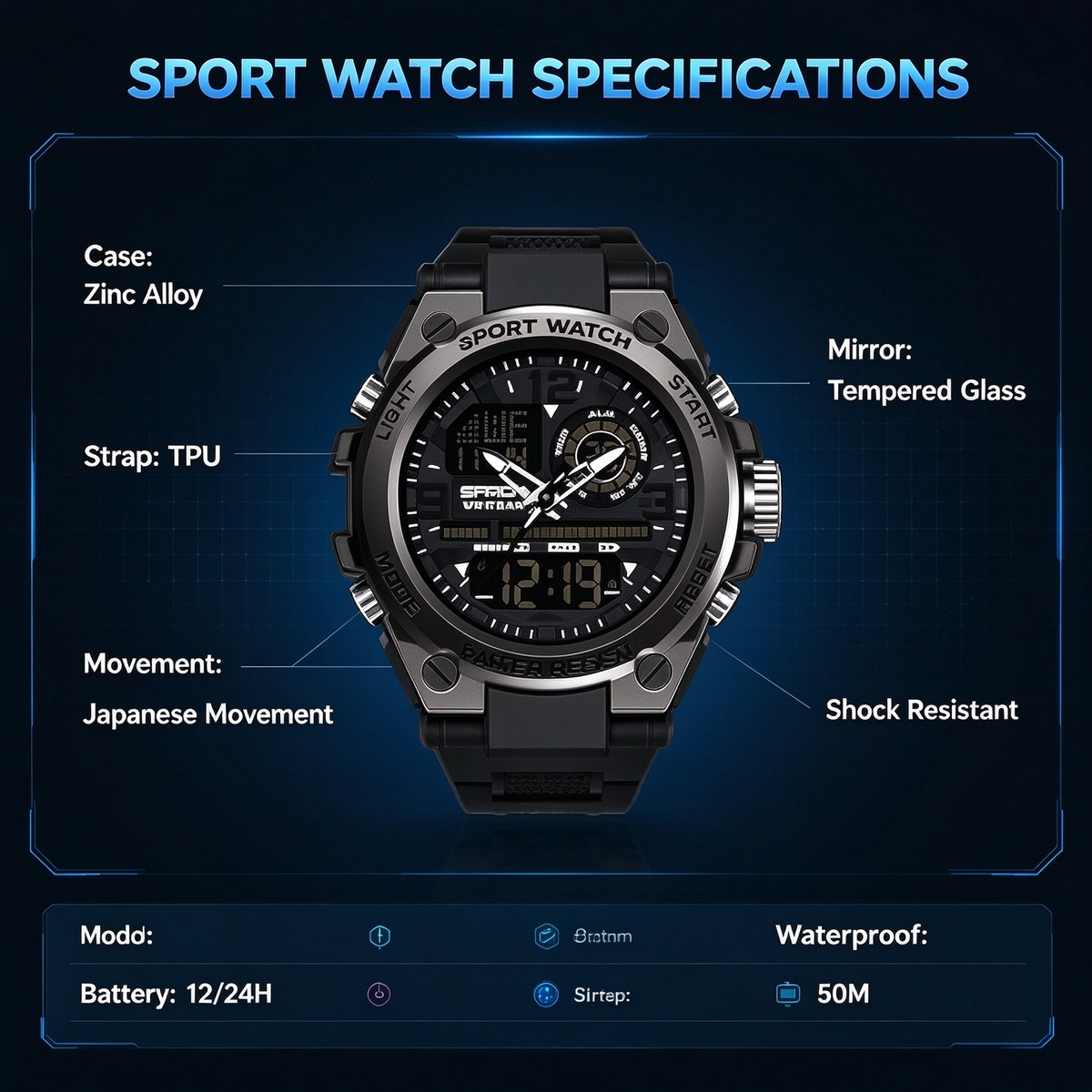 Men's Sporty Digital Watch with Luminous Dial, Alarm & Date Display