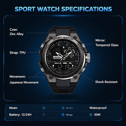 Men's Sporty Digital Watch with Luminous Dial, Alarm & Date Display