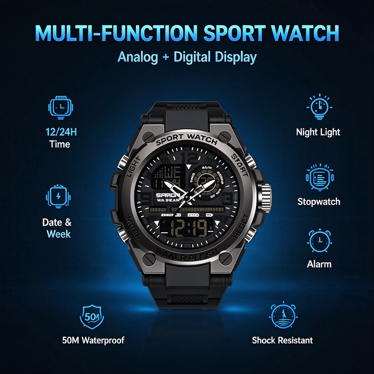 Men's Sporty Digital Watch with Luminous Dial, Alarm & Date Display