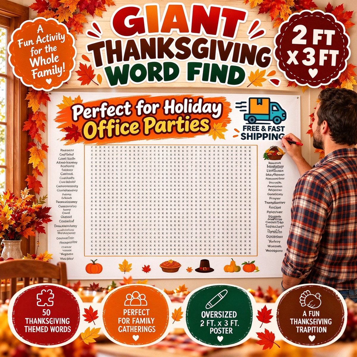 Glossy Print Thanksgiving Word Search Jumbo Poster, 36x24''