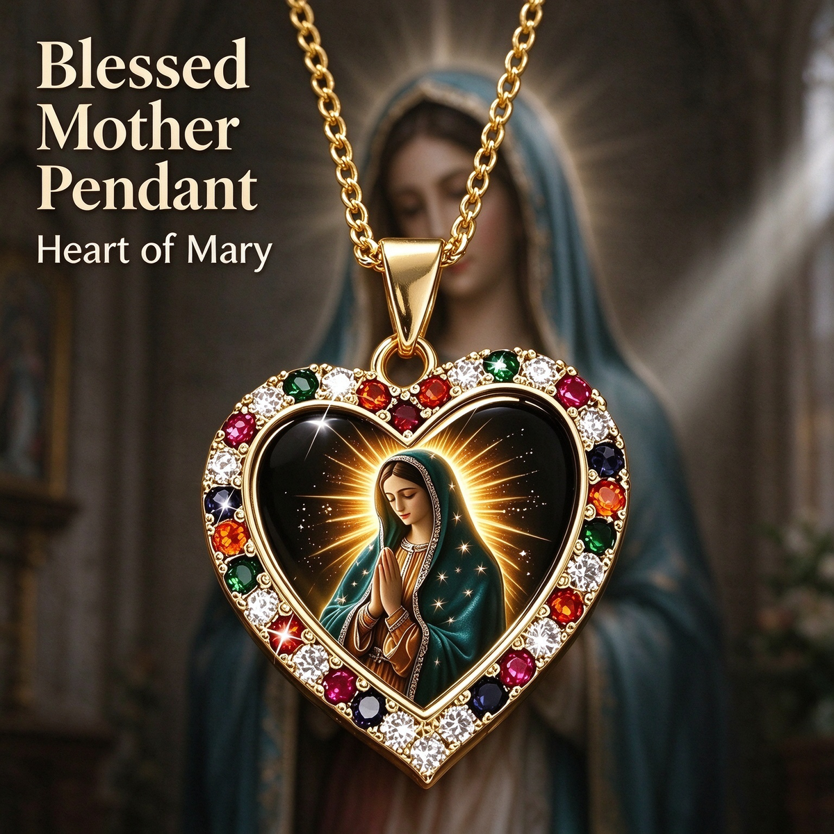 Crystal Rhinestone Virgin Mary Catholic Necklace