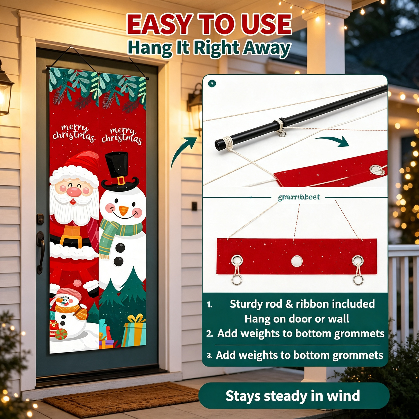 1 Set Christmas Porch Banner Set 78×12 Inch Santa and Snowman Door Banner Xmas