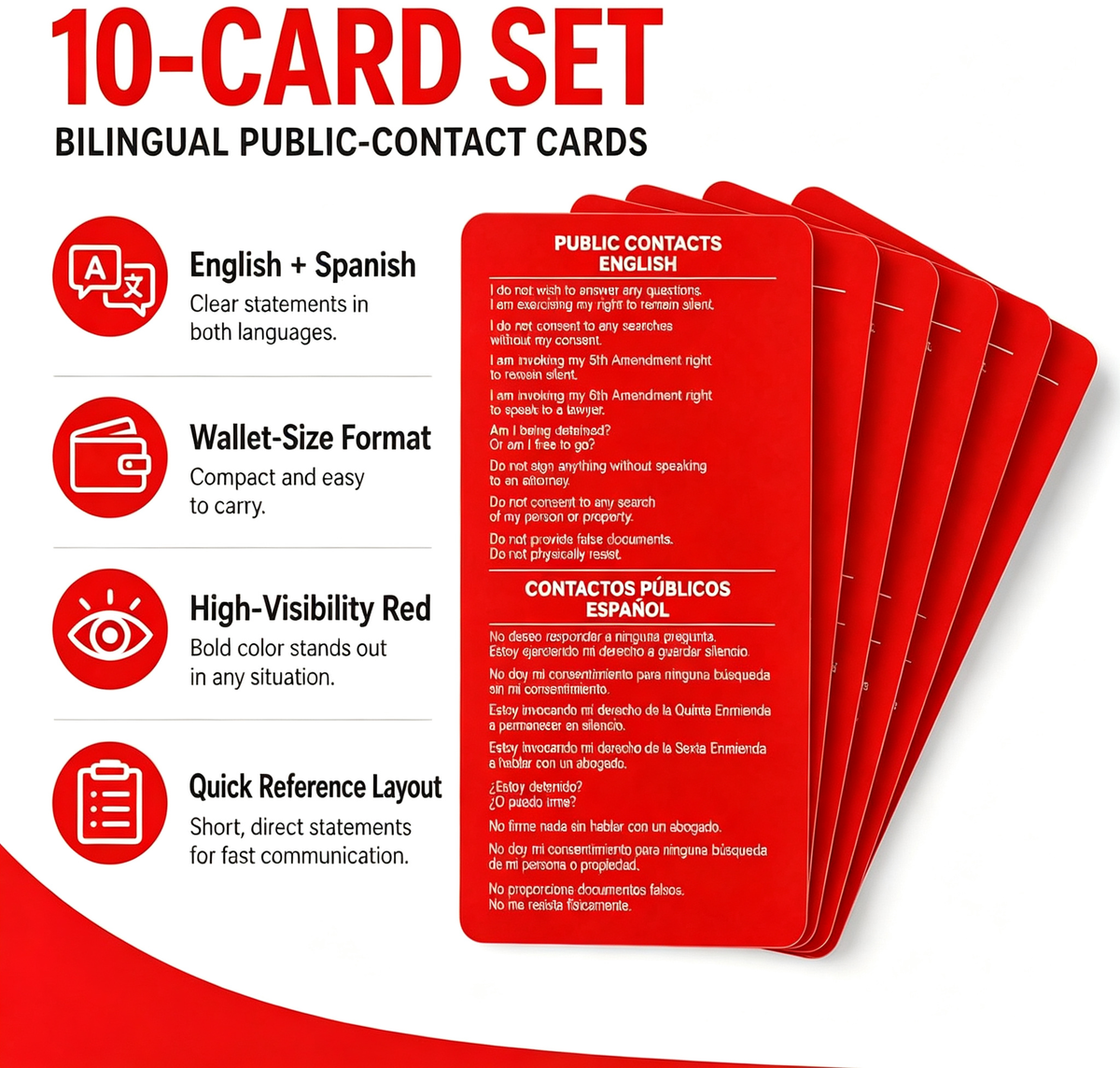 10 Pcs Tarjeta roja para immigrantes English & Spanish