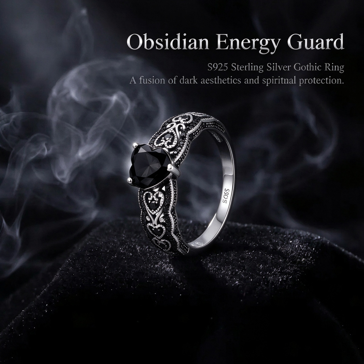 Vintage Black Synthetic Obsidian Ring Energy Crystal Ring