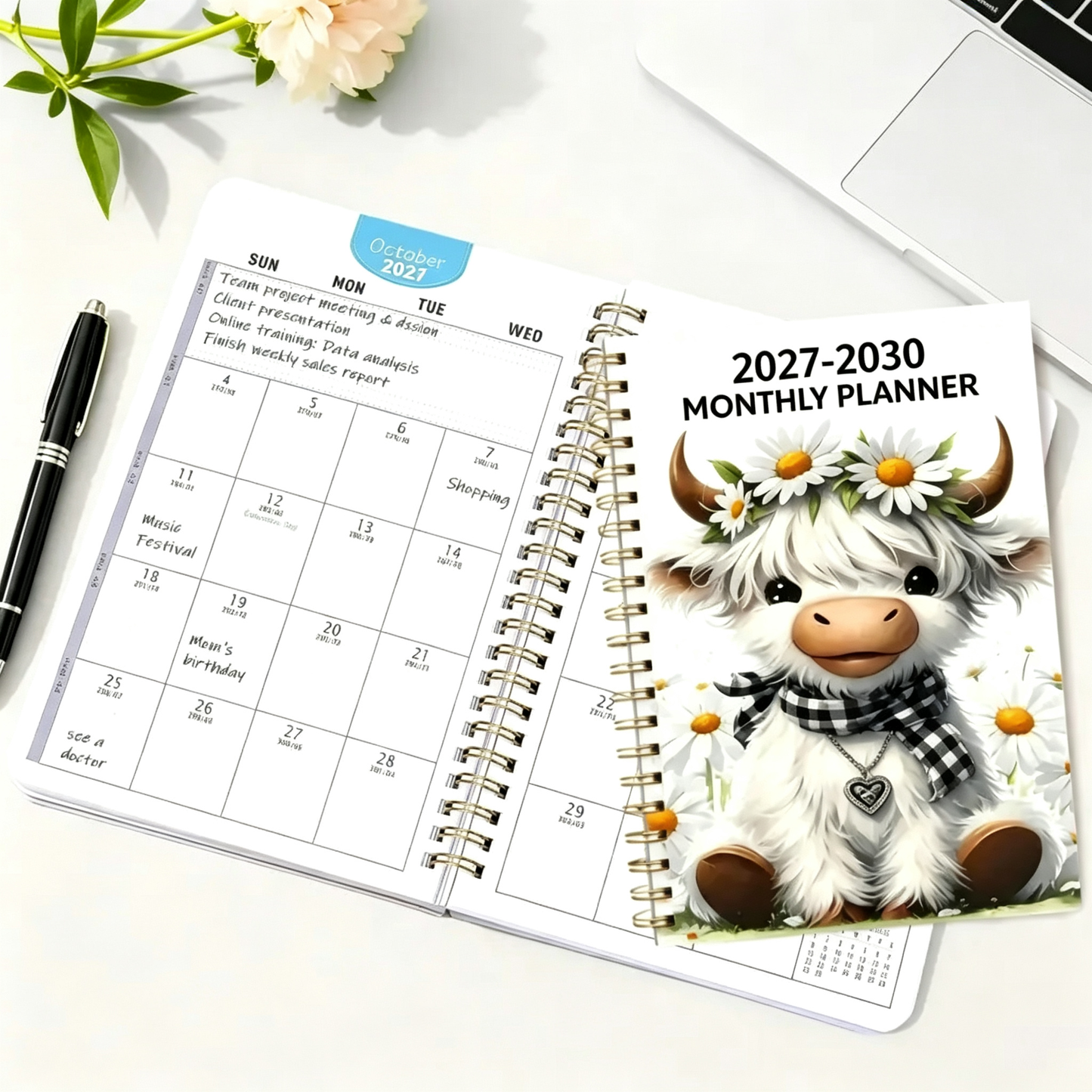 2027-2030 Monthly Planner- Highland Cow 60 Month Notebook with Monthly Tabs