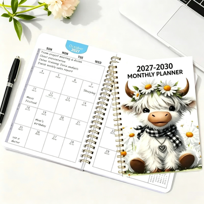 2027-2030 Monthly Planner- Highland Cow 60 Month Notebook with Monthly Tabs