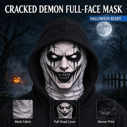 Flat Print Cracked Demon Balaclava, Creepy Grinning Fangs Full Face Hood Mask