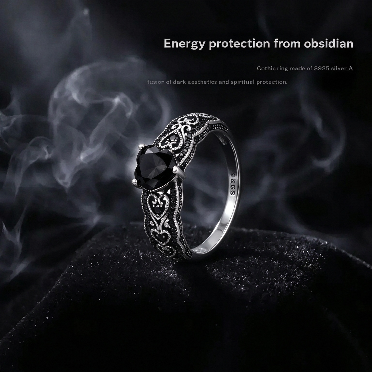 Vintage Black Synthetic Obsidian Ring Energy Crystal Ring