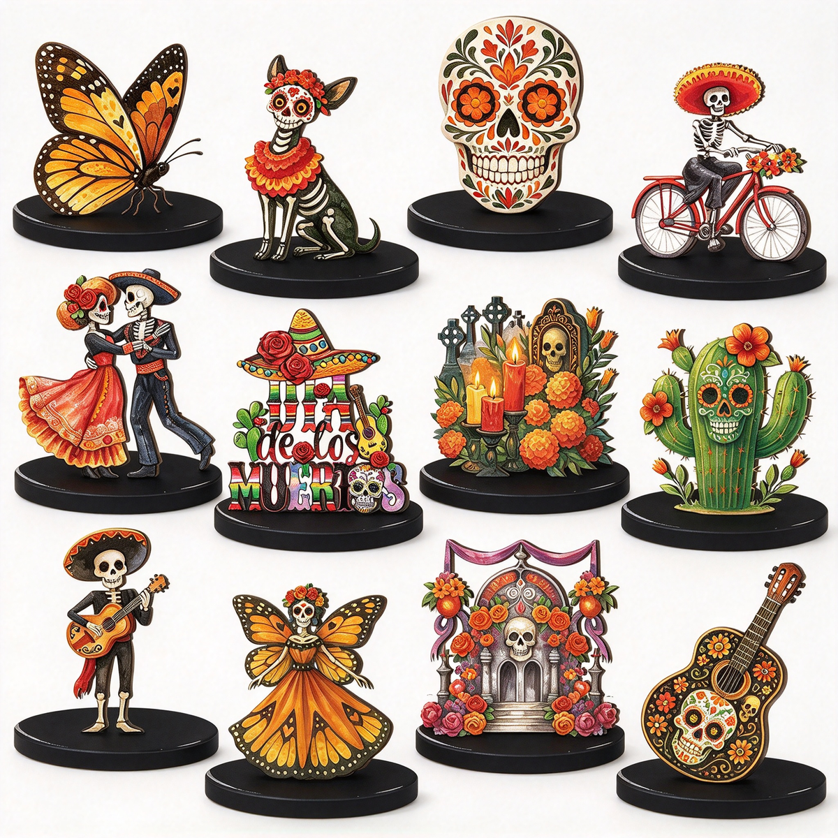 12pcs Traditional Colorful Day of the Dead Wooden Tabletop Decorations
