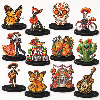 12pcs Traditional Colorful Day of the Dead Wooden Tabletop Decorations