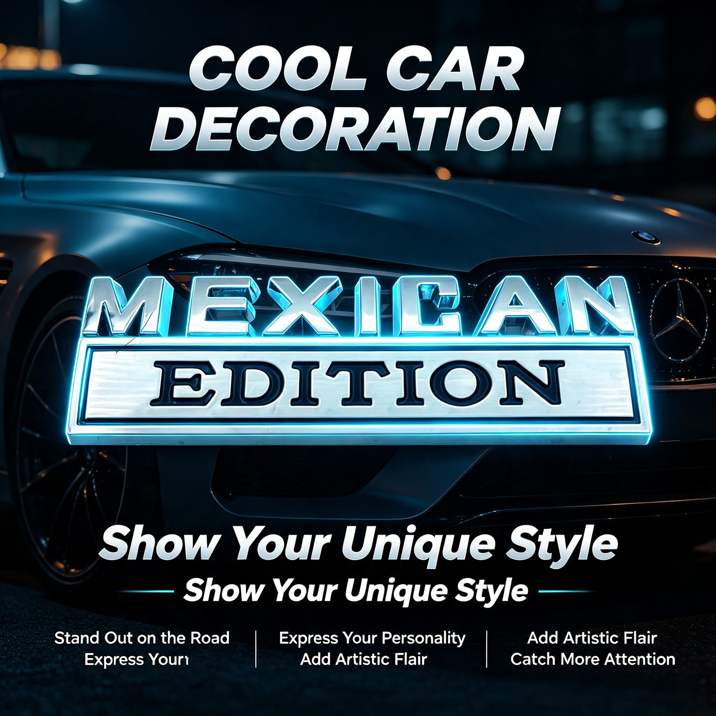 2Pcs Mexican Edition Emblem for Car, 3D Car Letters Metal Material Sticker