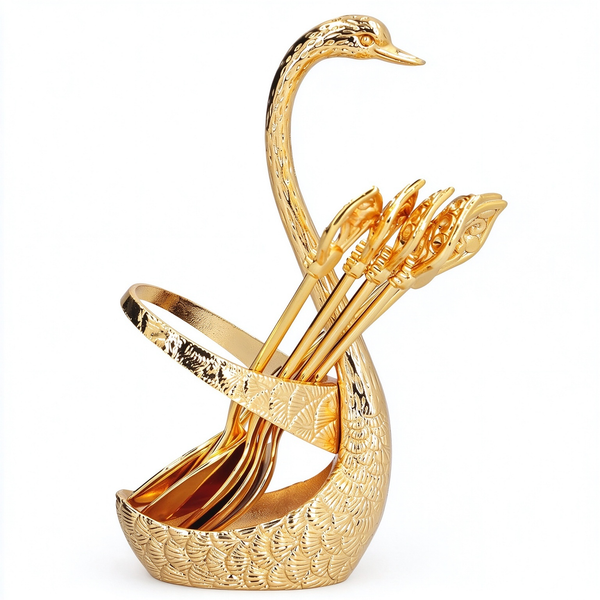 Swan Spoon Holder Set with 6 Small Dessert Spoons