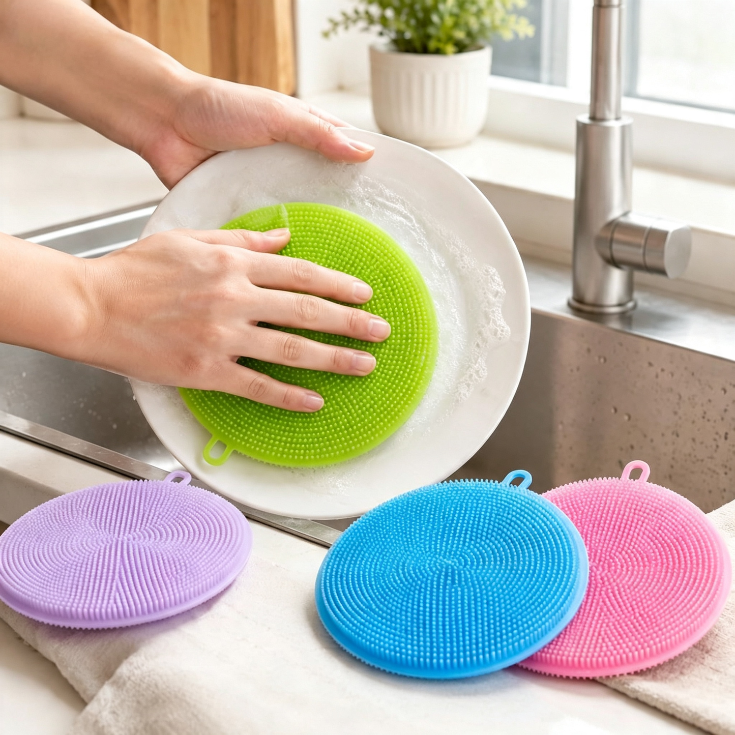 4 Pack Silicone Dish Scrubber Food Grade BPA Free Reusable