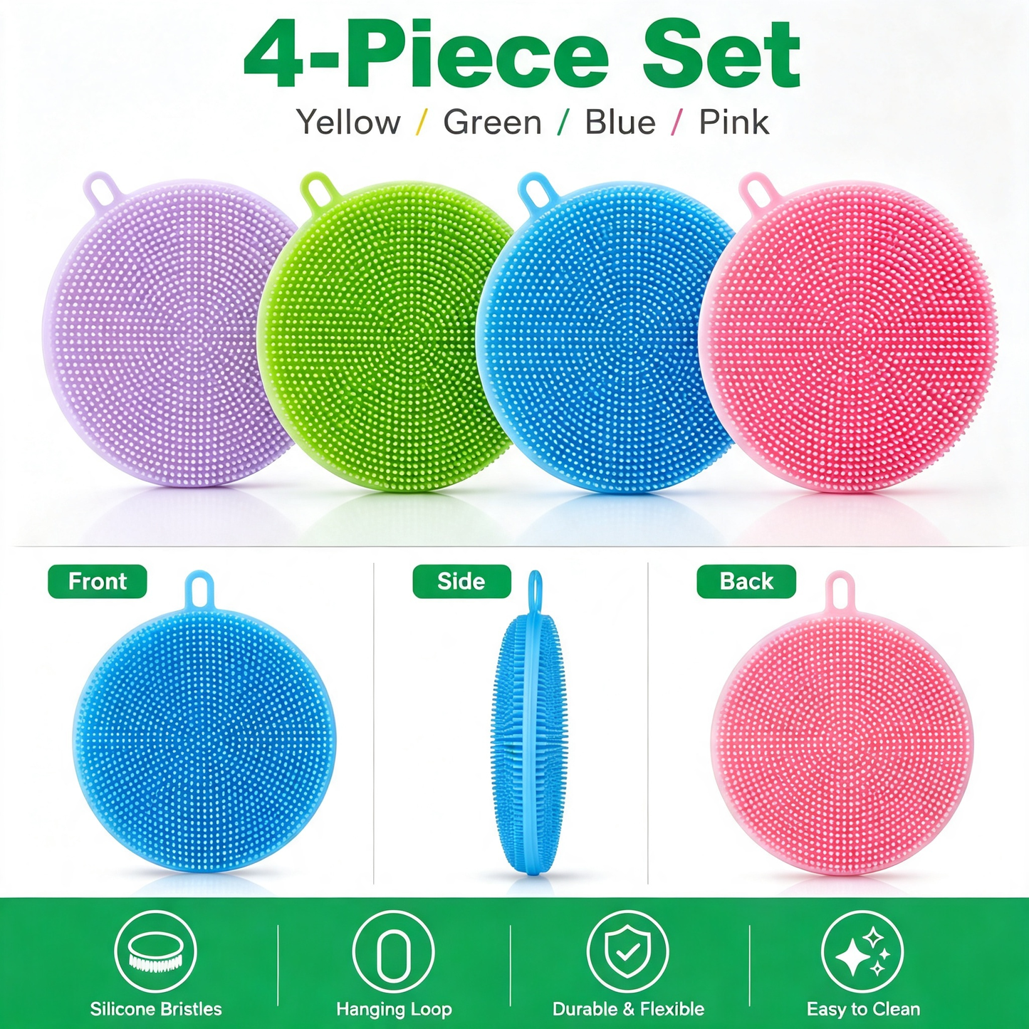 4 Pack Silicone Dish Scrubber Food Grade BPA Free Reusable