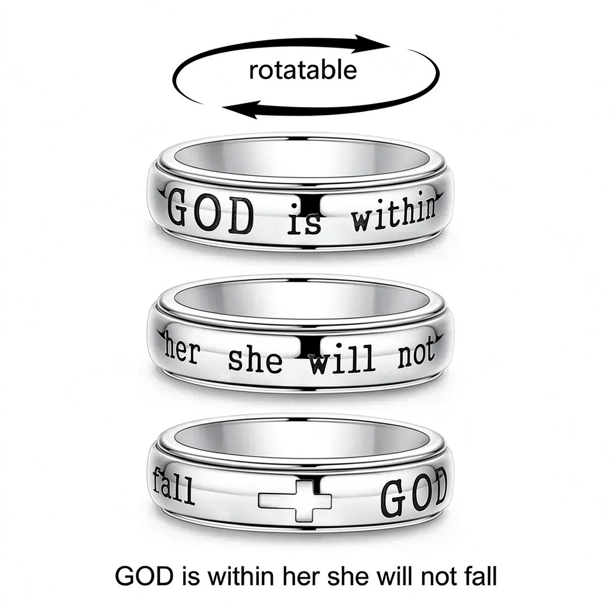Women's Spinner Christian Ring Engraved Psalm 46:5 Verse and Holy Cross