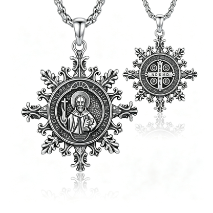 Unisex Silver-Plated Copper Coating St. Benedict Medal Necklace Vintage Snowflake Design