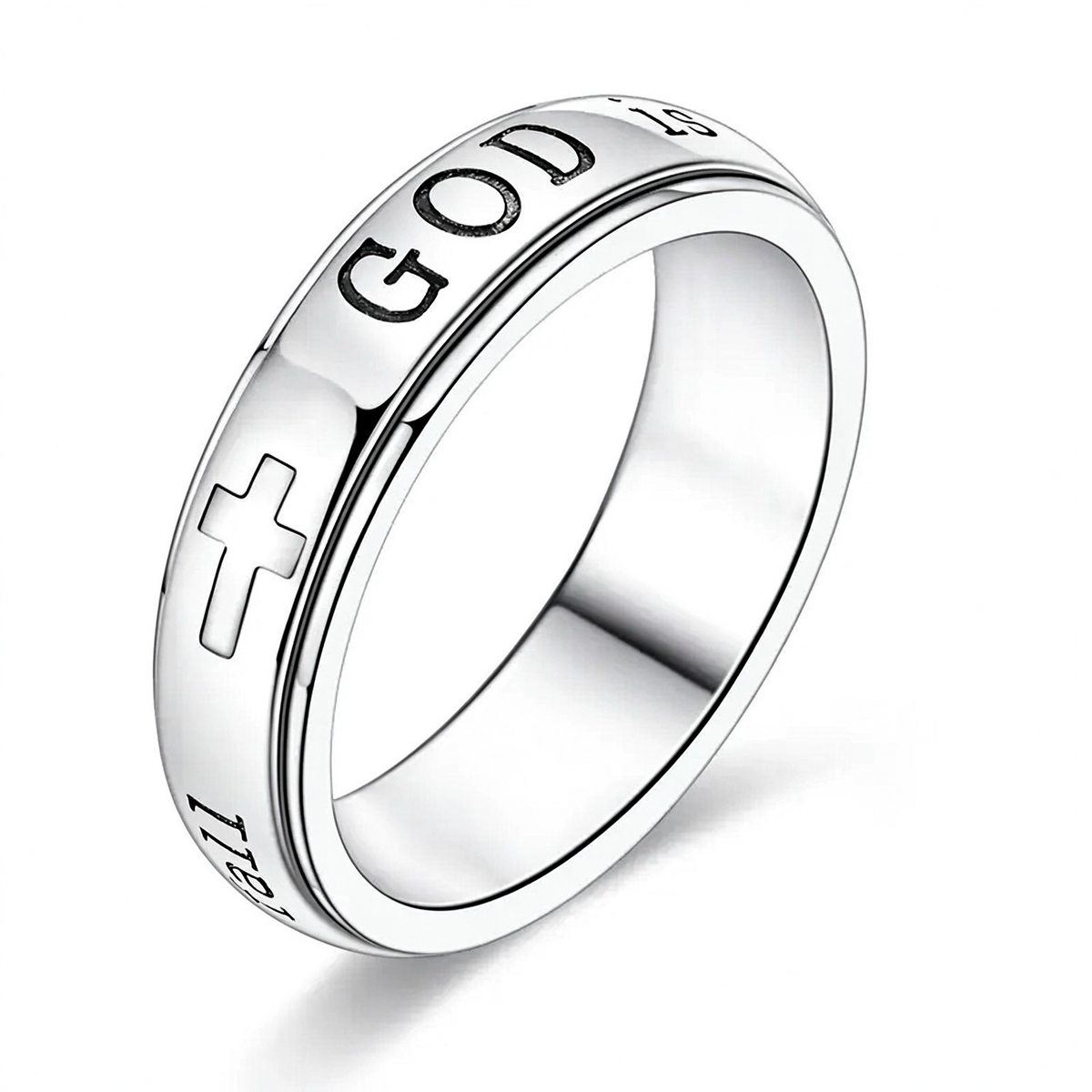 Women's Spinner Christian Ring Engraved Psalm 46:5 Verse and Holy Cross